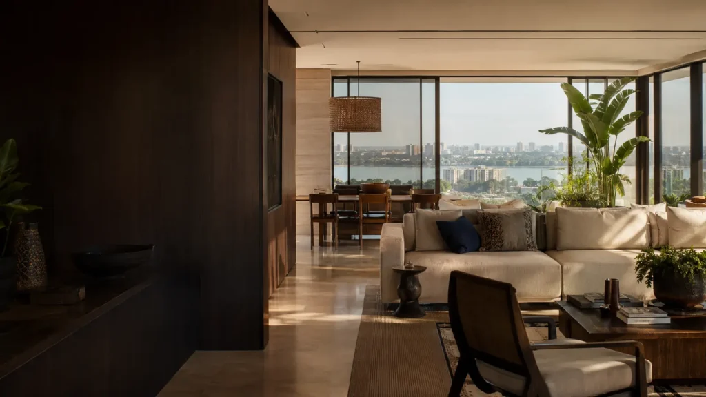 Salon avec vue sur la lagune à Abidjan — intérieur premium géré par Marco Group